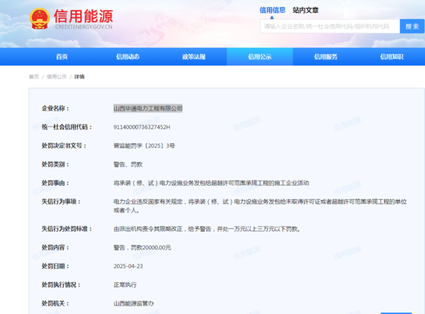全国炒股配资门户 违规发包电力设施业务，山西华通电力工程有限公司被罚